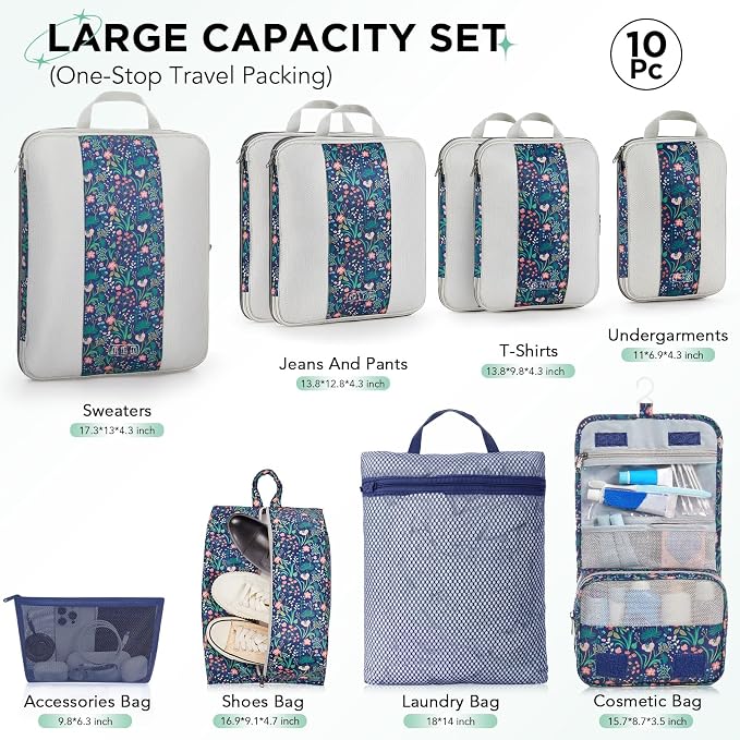 OlarHike 10 Set Compression Packing Cubes for Travel Essentials,Compressible Expandable Space Saver Bags for Organizing Clothes,Luggage Garment Bags with Over 1000 pcs Mesh Holes(Dark Blue Floral) - Image 2