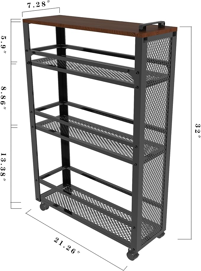 3-Tier Rolling Cart Slim - Black Laundry Bathroom Kitchen | Steel Frame, Mesh Baskets, for Small Spaces, 110 lb Capacity, 4 Wheels 2 Lockable, Utility Storage Snack Coffee Craft - Image 4