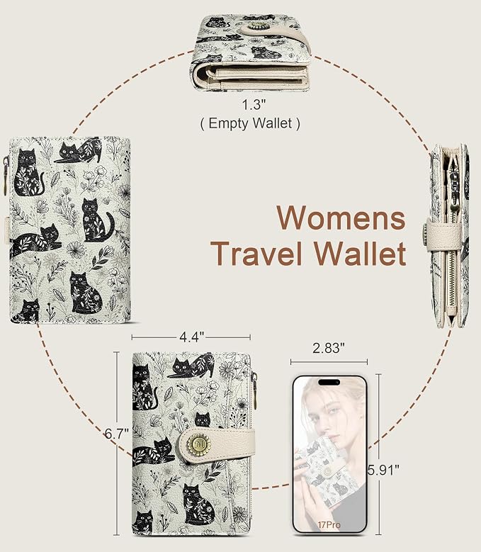 Black Cat Wallet Women RFID, Passport Holder, Credit Card Holder | 6.7" x 4.4" x 1.3" Bifold, Travel billfold, Zipper Pocket, PU Leather, Clutch, Purse, ID Window, Pen Holder, Gift Ladies Girl - Image 5