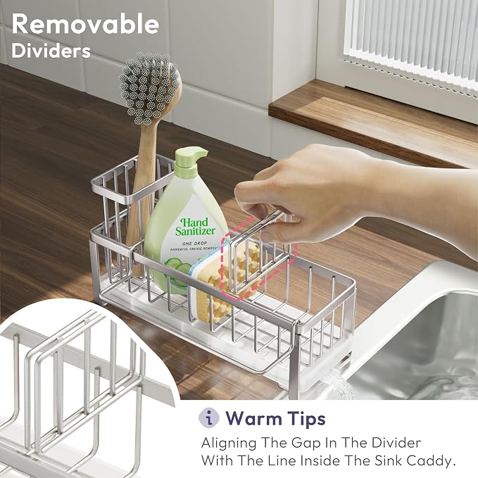 SWTYMIKI Sponge Holder for Kitchen Sink - Sink Caddy with Brush Holder Self-draining Sponge Caddy Organizer with Divider Stainless Steel Kitchen Accessories Storage for Countertop, Sand Nickel - Image 4