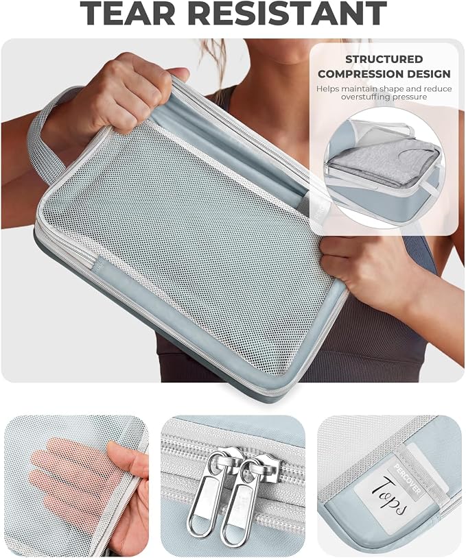 Percover Compression Packing Cubes for Travel, 8-Piece Structured Compression Organizer Set with Laundry Bag & Shoe Bag for Carry-On & Checked Luggage, Slate Blue - Image 4