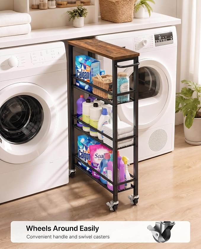 Pipishell Slim Storage Cart with Wheels - 4 Tier Rolling Kitchen Storage Cart with Handle and Wood Top, Metal Slim Bathroom Cart for Laundry Room, Bathroom, Kitchen, Narrow Space, Black & Rustic Brown - Image 3