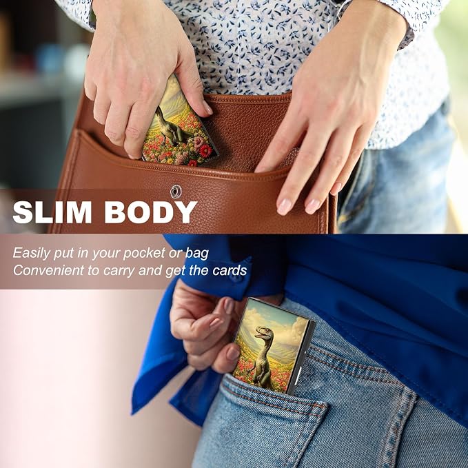 Metal Wallet,Credit Card Holder for Women,Slim RFID Blocking Credit Card Holder Thin Aluminum Wallet ID Case,6 Slot Business Mini Hard Metal Case for Women/Men,Cute Dinosaur Floral - Image 4