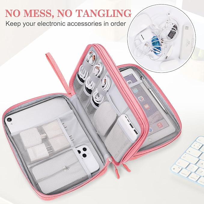 FYY Electronic Organizer, Travel Tech Pouch Bag, Extra Large, Pink | Wrist Strap, Waterproof, Double Layers Electronics Travel Case for iPad, Cord, Laptop Charger, Daily and Business Trips Use - Image 5