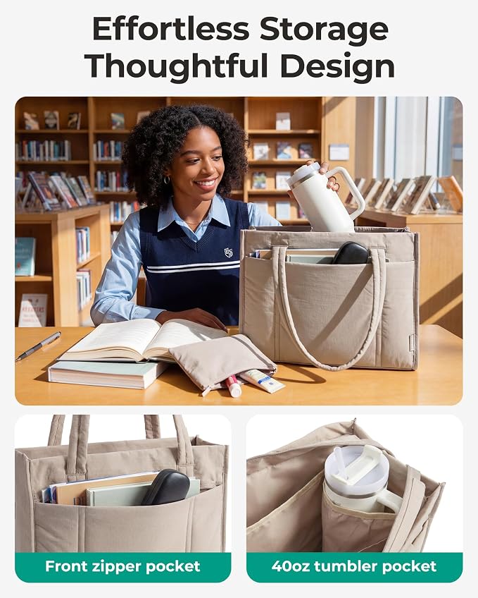 BAGSMART Tote Bag for Women, Puffy Work Tote Bag with Zipper, Quilted Large Teacher Bag for Work, Travel - Image 4