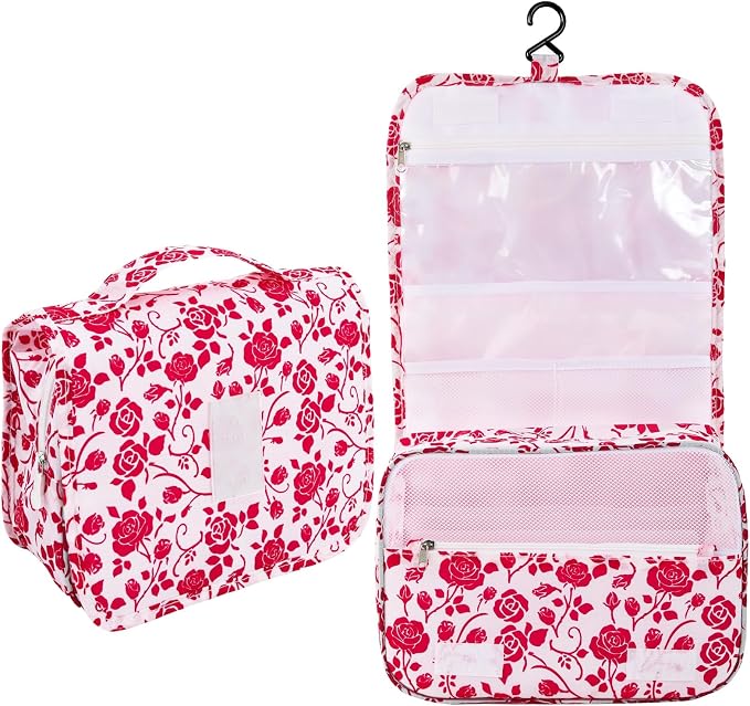 Hanging Toiletry Bag, Waterproof Makeup Organizer With Hook, Red Rose | 4 Compartments, Clear Pocket, Carry Handle, Fold-Out Design, For Travel, Bathroom, Camping, Kids And Teen Girls by Pengxiaomei