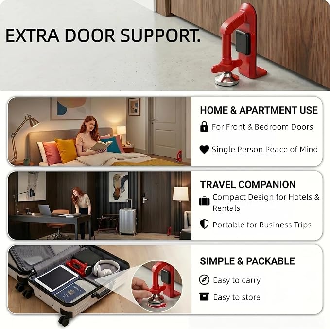 Portable Door Lock for Travel with 80dB Alarm, Floor-Braced Door Stopper | No-Drill Floor Brace, Pressure-Activated 5-Second Alert, Compatible Inward-Opening Doors Only - Image 6
