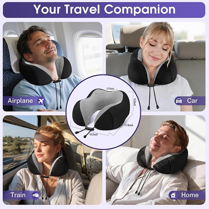 CloudBliss Memory Foam Travel Neck Pillow, Set of 2, Black & Black | Travel Neck Pillow for Long Flight, Train, Car & Office, Plane Travel Accessories with Eye Mask, Earplugs, Storage Bag - Image 7