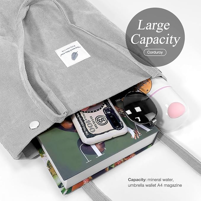LHMTQVK Corduroy Tote Bags for Women, Large Capacity Tote Purse Reusable Grocery Shoulder Bag with Inner Pockets - Image 4
