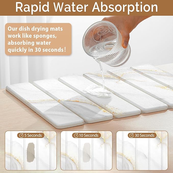 Small Stone Dish Drying Mat for Kitchen Counter, 15.7"×12" & 8"x4" Quick Dry Stone Mats, Foldable Water Absorbing Diatomaceous Earth Drying Dish Pad for Countertop Bottles Utensils Cup(Gold White) - Image 3