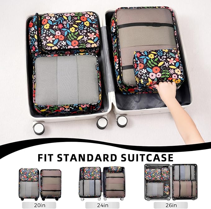 BAGAIL 8 Set Packing Cubes Luggage Packing Organizers for Travel Accessories-Black Floral - Image 5