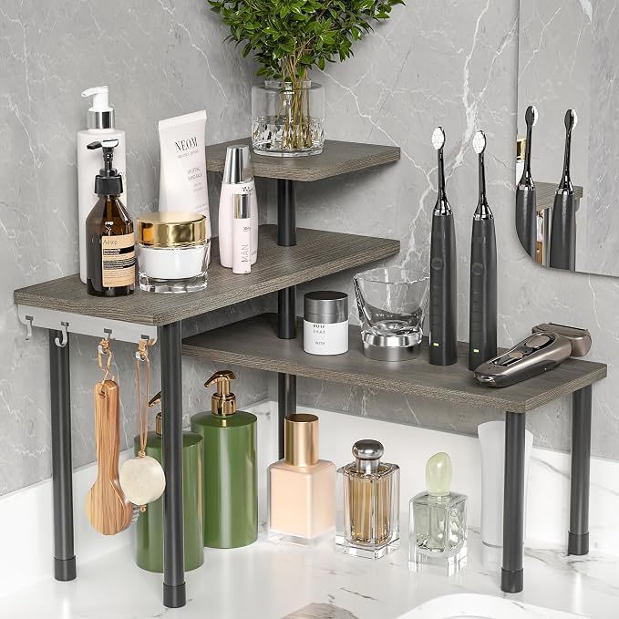 ZHWS Kitchen Countertop Organizer, Bathroom Counter Organizer, Adjustable 3 Tier Corner Shelf with 4 Metal Hooks for Counter Organize, Spice Rack, Makeups, Coffee Station Bookshelf (Rustic Grey) - Image 4