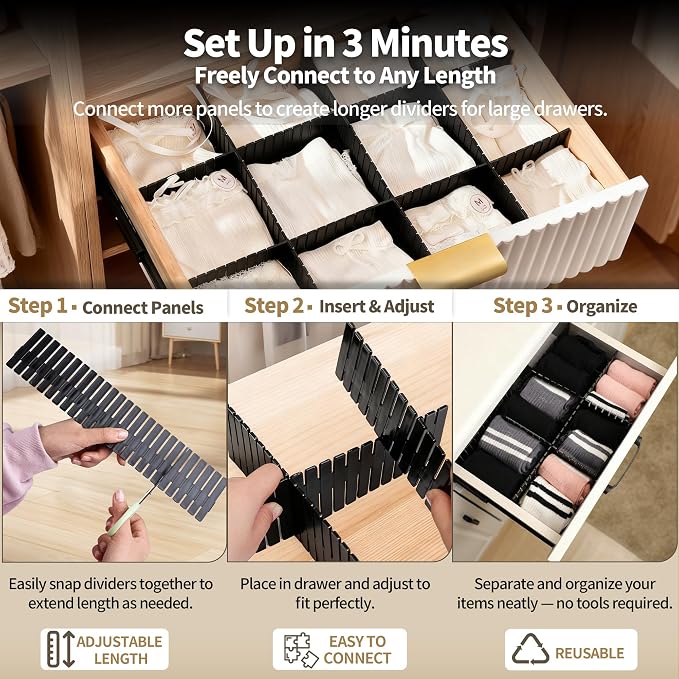 Adjustable Drawer Dividers, Cut-to-Fit DIY Organizers, Black 32 Pack | For Tidying Cutlery, Makeup, Clothes and Dresses in Drawers, Desks and Storage Boxes for Kitchen, Bathroom, Bedroom & Office - Image 4