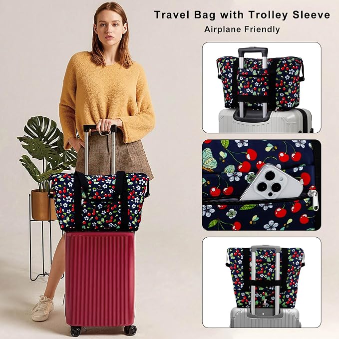 Expandable Duffel Bag for Women with Trolley Sleeve/Wet Pocket Weekender Travel Tote Large Carry On Overnight Luggage - Image 2