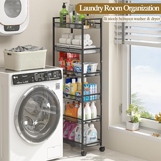 6 Tier Slim Rolling Storage Cart, Narrow Mobile Shelving Unit Organizer Utility Cart with Wheels, Metal Wire Storage Rack with Baskets for Kitchen, Bathroom, Laundry & Living Room, 10in(W) Black - Image 4
