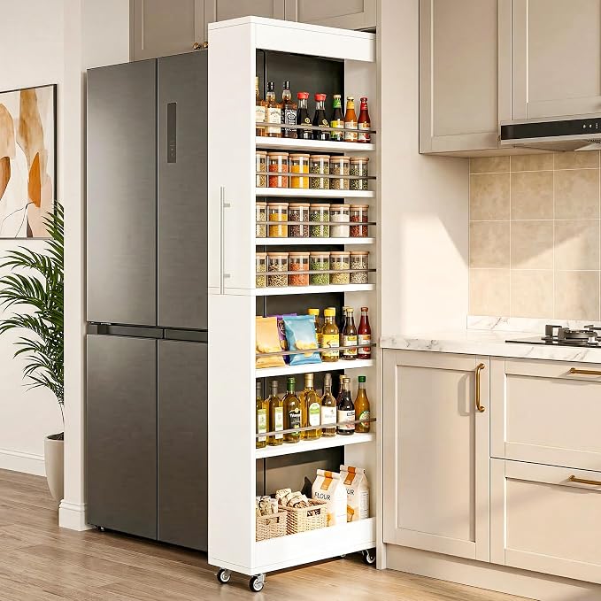 Tribesigns 73" Tall Slim Storage Cart on Rubber Wheels, 7-Tier Narrow Pantry Cabinet, Rolling Skinny Spice Rack Organizer Next to Fridge, Wooden Pull-Out Storage Shelf for Kitchen Small Spaces, White - Image 3