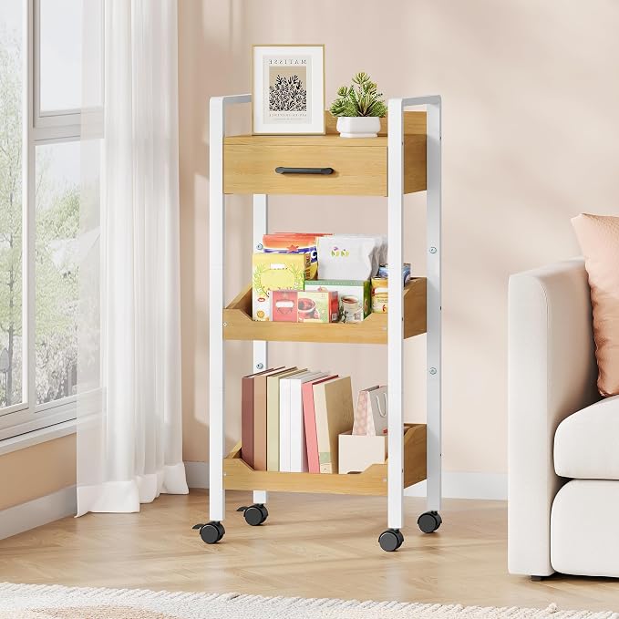 Hoctieon 3-Tier Rolling Storage Cart with Drawer, Rolling Utility Cart Organizer, Mobile Shelving Unit with Wheels, Metal Frame, Kitchen Utility Cart for Small Space, Office, Bathroom, Oak Beige - Image 4