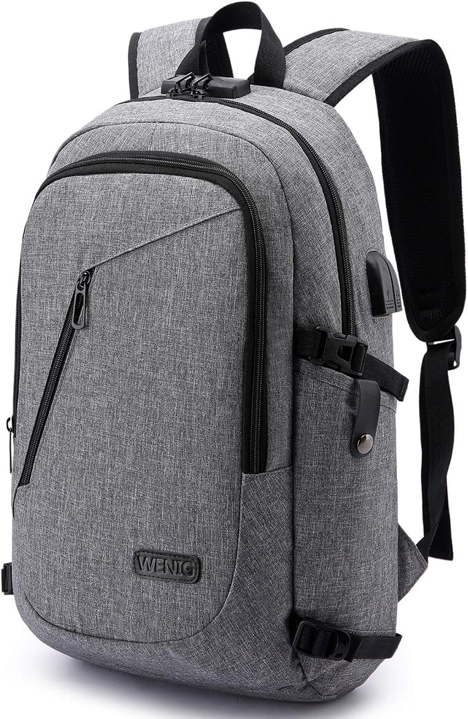WENIG Laptop Backpack,Business Travel Anti Theft Backpack for Men Women with USB Charging Port,Slim Durable Water Resistant Computer Backpack Fits 15.6 Inch Laptop Notebook,Grey by WENIG+