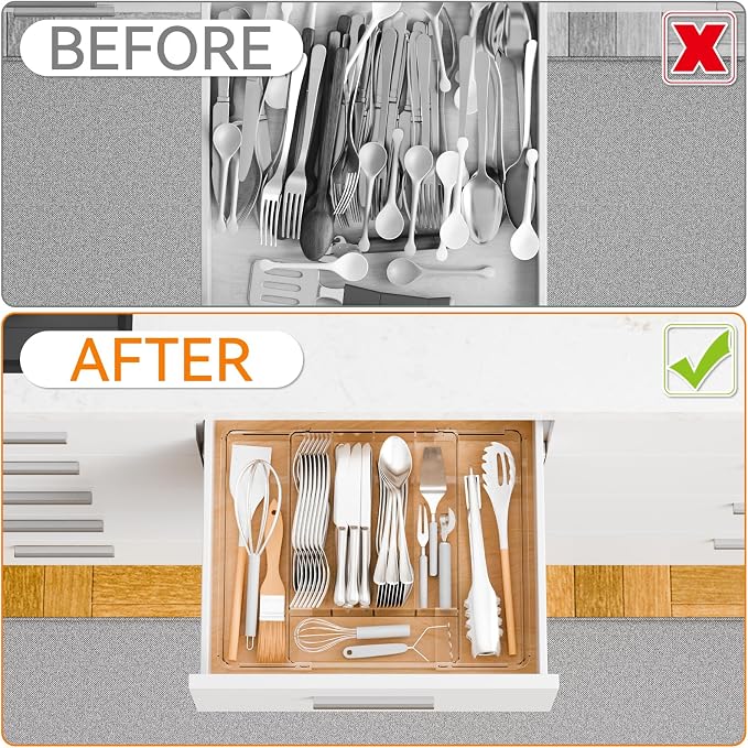 Clear Expandable Silverware Drawer Organizer,9.4-15.6In Adjustable Silverware Tray for Drawer,Acrylic Kitchen Utensil Drawer Organizer for Cutlery,Flatware Organizers and Fork and Spoon Holder - Image 7