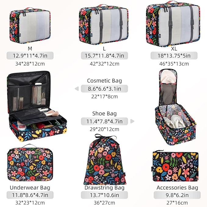 BAGAIL 8 Set Packing Cubes Luggage Packing Organizers for Travel Accessories-Black Floral - Image 2