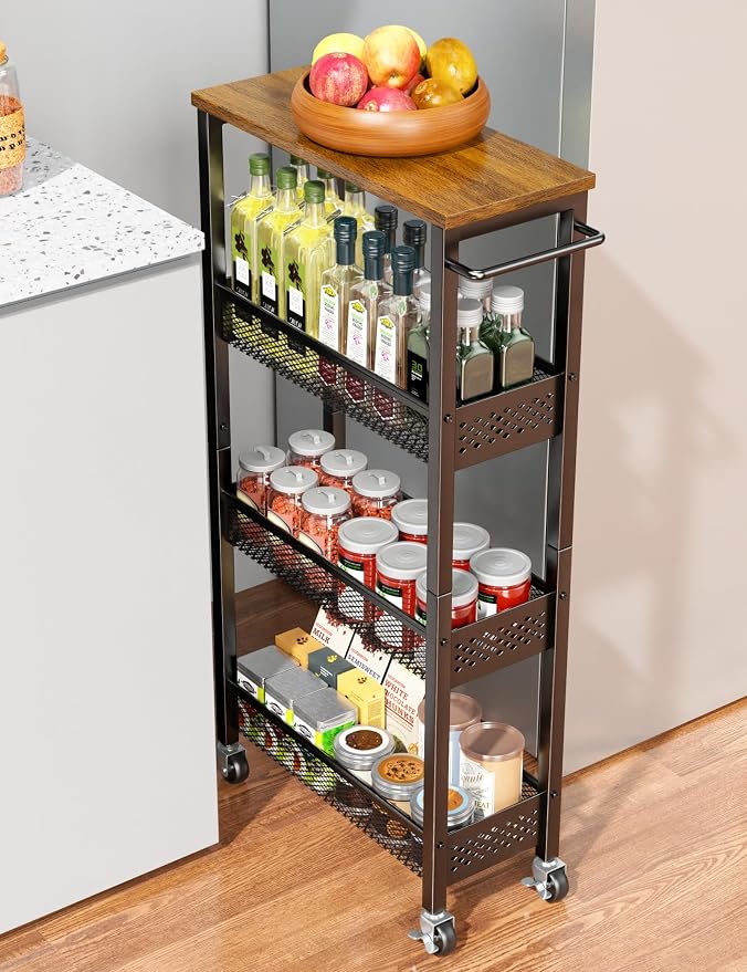 OKZEST 4-Tier Slim Rolling Storage Cart for Kitchen, Laundry Room, Bathroom | Upgraded metal hub casters, Narrow utility cart for small space/gaps, Premium wood top & metal mesh shelf, with handle & hook - Image 9