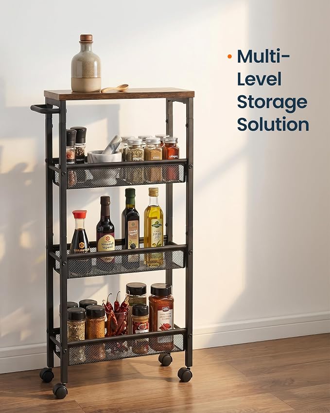 SONGMICS HOME Slim Rolling Cart, 4-Tier Storage Cart with Wheels and Handle, Narrow Utility Cart for Kitchen, Living Room, Brown and Black - Image 4