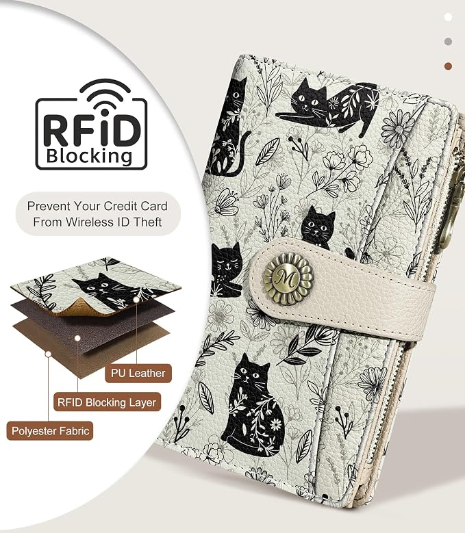 Black Cat Wallet Women RFID, Passport Holder, Credit Card Holder | 6.7" x 4.4" x 1.3" Bifold, Travel billfold, Zipper Pocket, PU Leather, Clutch, Purse, ID Window, Pen Holder, Gift Ladies Girl - Image 4