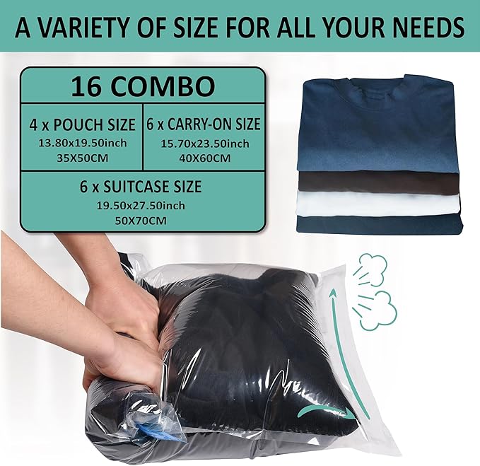 Cozy Essential Compression Bags for Travel - Travel Essentials - 16 Pack Space Saver Bags - No Vacuum Needed - Compression Packing Bags for Cruise Accessories - Image 3