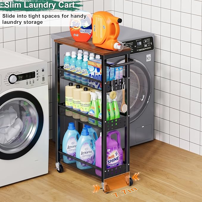 Laundry Room Slim Rolling Cart with Wheels for Between Washer and Dryer Gap | Utility Slim Storage Cart with Table Top, Small Laundry Organizers and Storage Shelves, Thin Shelf for Narrow Spaces, 4 Tier - Image 3