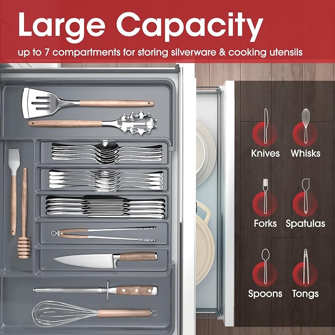 Aujen Silverware Drawer Organizer, Adjustable Utensil Cutlery Tray | Expandable Kitchen Organizer for Forks Knives, Multipurpose Kitchen Storage, Apartment Essentials, Grey, Large - Image 3