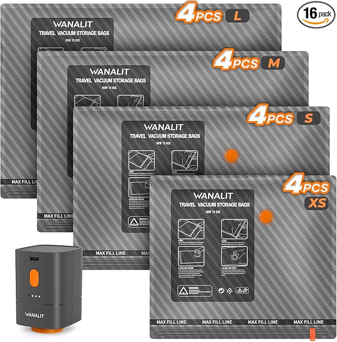 Vacuum Bags for Travel with Wireless Pump for Carry on Luggage or Suitcase | 16Pack in 4 Sizes Compression Packing Bags, 1800mAh Rechargeable Battery, Travel Essentials, Cruise and Home Storage by WANALIT