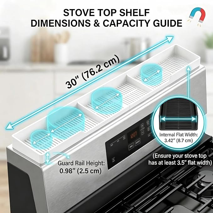 AWOKE Stove Top Shelf 30 Inch - Silicone Material Magnetic Shelf for The Stove - 3 Functional Partitions Kitchen Spice Rack Organizer - White - Image 2