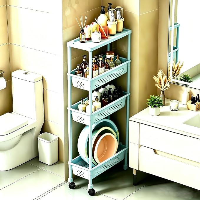 Slim 4 Tier Rolling Storage Cart Narrow Bathroom Organizer on Wheels Blue | 6.7" wide for tight bathroom/kitchen gaps, extra-tall tier, 360° casters, quick-dry shelves, tool-free storage rack by Unknown