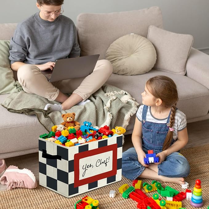 Cooking Playroom Chef Slogan Storage Bins Box with Handles Organizer Basket | pretend kitchen foldable basket for organizing, buffalo checkered collapsible toys clothes for nursery bedroom, 10x14 in - Image 4