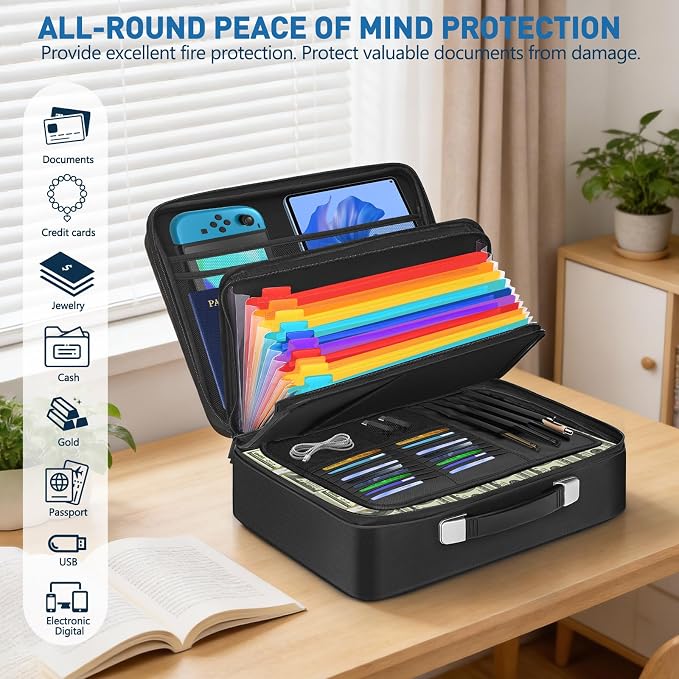 Fireproof Document Box with Combination Lock, Waterproof, Used for Storing Important Files, Certificates, Passport, Portable Travel Safe Hard Case Document Organizer (Black) - Image 2