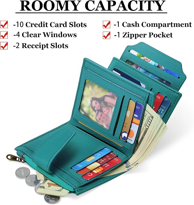 Small Wallet Women RFID Blocking Leather Bifold Compact Card Holder Wallet for Women with Zipper Coin Pocket 4 ID Window - Image 2