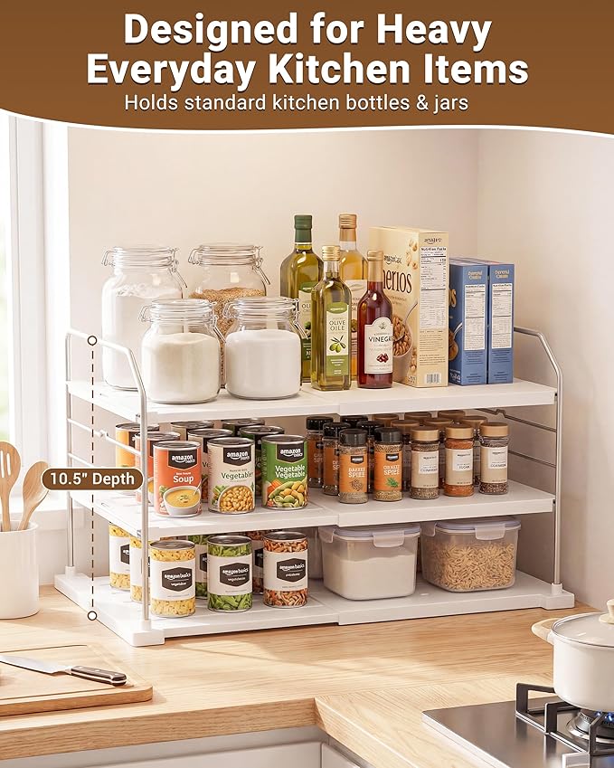 EVERIE Extendable 3-Tier Kitchen Cabinet & Pantry Organizer for Plastic Wrap, Foil & Storage Bags, Adjustable Heavy Duty Shelf Rack for Wrap Boxes, Jars & Snack Boxes (11–16.7 in Wide), Pack of 1 - Image 5
