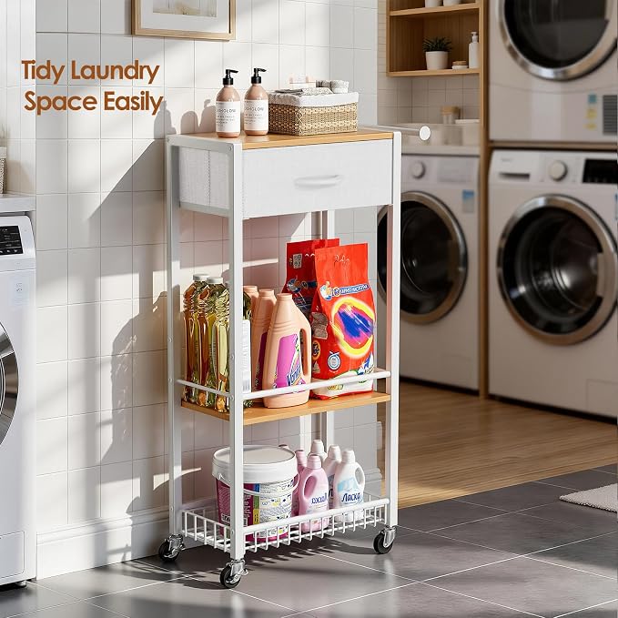 Lewondr 3-Tier Slim Storage Cart with Drawer, Rolling Utility Cart, White | Handle & Lockable Wheels, with Wood Top, Metal Frame, Kitchen Bathroom Laundry Room Organizer for Small Spaces - Image 7