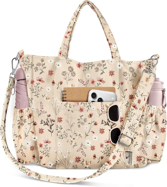 Miss Adola Corduroy Crossbody Tote Bag for Women | Multi Pocket Storage, Zipper Closure, Adjustable Strap, Fits 14 Inch Laptop, Foldable Reusable, for Work Travel Everyday by MissAdola