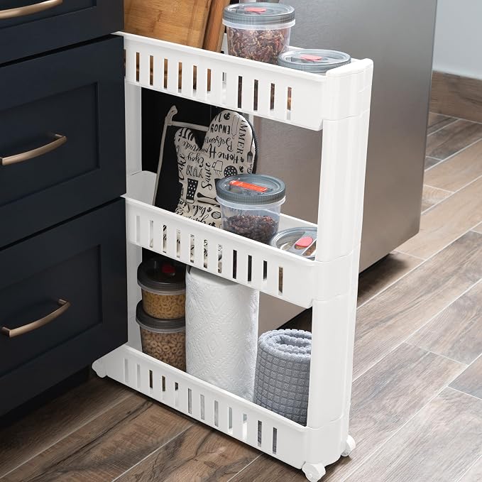 Simplify 3 Tier Slim Slide Out Storage Cart | Multi-Purpose Organization | Rolling | Wheels | Small Space | Laundry Room | Kitchen | Bathroom | Office | White - Image 8