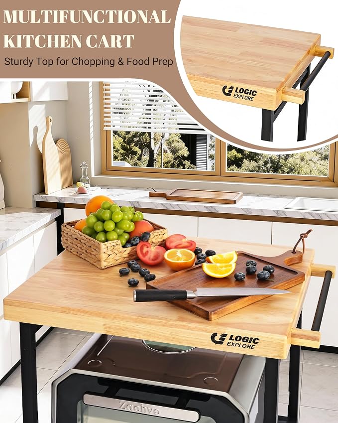 Foldable Kitchen Storage Cart, Solid Oak Top, Locking Wheels | Foldable 3-tier kitchen cart with solid oak top, metal frame and lockable wheels for a microwave, toaster oven and meal prep. - Image 7