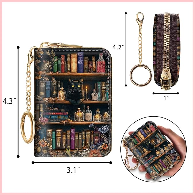 Blusabaca RFID Credit Card Holder Small Women Travel Wallet, Bookshelf Cat | Removable Keychain, Case with Zipper, Vegan PU Leather, Cash Coin Pocket, Business Accordion Purse, Ladies Female Gift - Image 4
