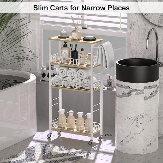 NOVIMANGO Slim Storage Cart White 4 Tier Rolling Cart with Wheels | Slim Rolling Cart for Kitchen, Narrow Storage Cabinet for Bathroom, with Wood Tabletop, for Narrow Spaces - Image 5