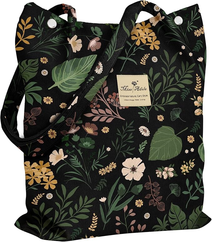 Miss Adola Corduroy Tote Bag for Women with Aesthetic Design | Magnetic Buckle & Pocket, Reusable, Soft, Roomy, Long Shoulder Handles, Double-sided Print, Casual Daily Work, Grocery Bags by MissAdola