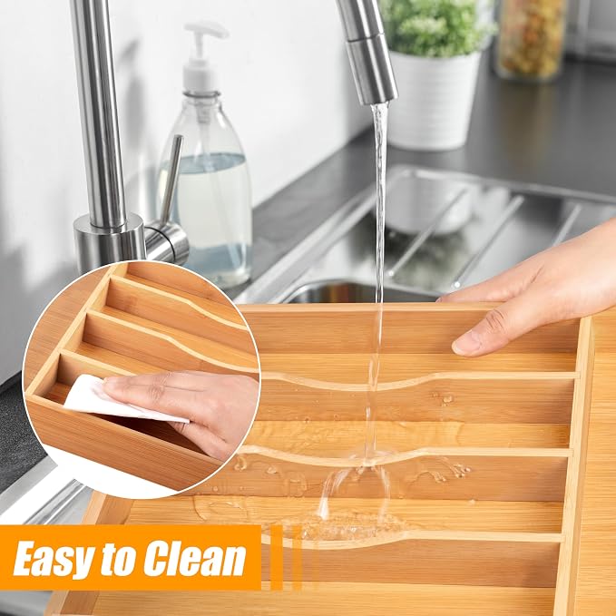 Bellsal Bamboo Silverware Drawer Organizer, Kitchen Utensil Drawer Organizers, 12"x15.7" Utensils Holder Cutlery Tray with Grooved Drawer Dividers for Kitchen Flatware Bedroom Office(7 Slot, Natural) - Image 6