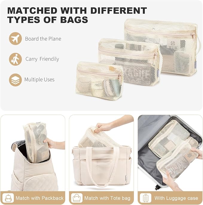 NOL 3-Pack Mesh Travel Toiletry Bags - Clear Zipper Travel Organizer, Airport Carry-On Compliant Reusable Cosmetic Makeup Bag for Women & Men (Cream) - Image 3