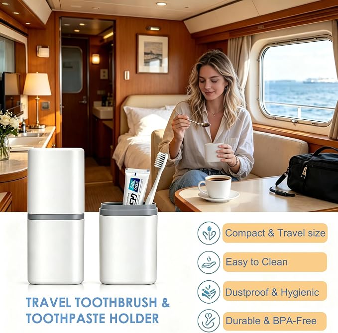 2 in 1 Portable Toothbrush & Toothpaste Travel Case | Dustproof Travel Toothbrush Holder, Built-in 2 Mouthwash Cups, Compact, For Traveling Camping Business Trip Dorm Bathroom - Image 8