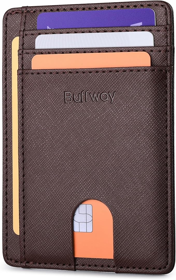 Buffway Slim Minimalist Front Pocket RFID Blocking Leather Wallets for Men and Women - Cross Coffee by Buffway