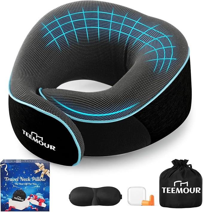 Travel Pillow Neck Pillow for Airplane Travel Essentials - Memory Foam Travel Neck Pillow, Stops Head Bobbing With Eye Mask & Earplugs, Portable Carry Bag for Long Flights| Airplane Accessories Black by Teemour