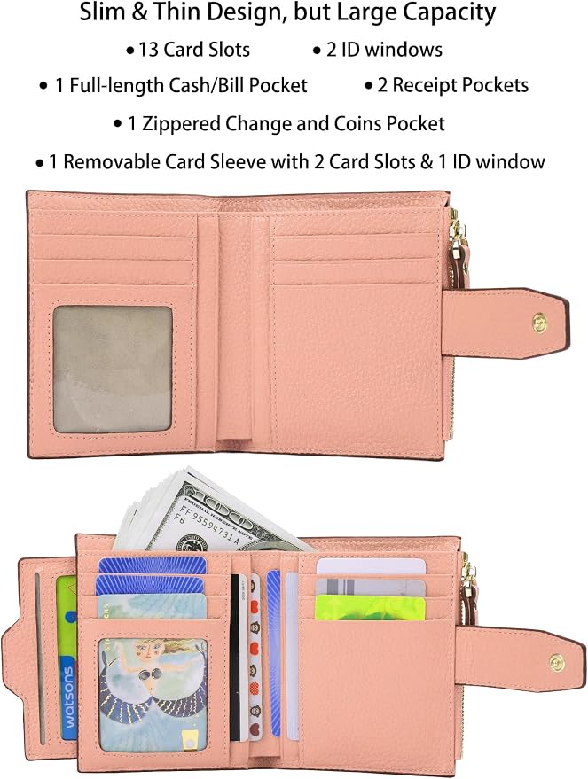 Women's RFID Blocking Leather Small Compact Bi-fold Zipper Pocket Wallet Card Case Purse with id Window - Image 2